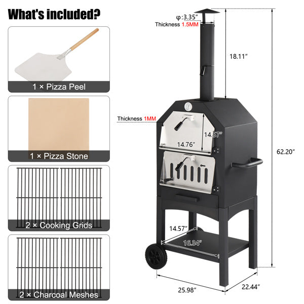 Freestanding wood Pizza Grill With Chimney, Wheels, Pizza Stone, And Pizza Shovel