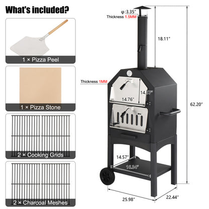 Freestanding wood Pizza Grill With Chimney, Wheels, Pizza Stone, And Pizza Shovel