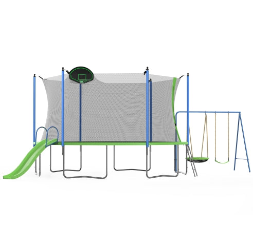 12FT Trampoline With Slide And Swings, ASTM Approved Large Recreational Trampoline With Basketball Hoop And Ladder, Outdoor Backyard Trampoline With Net, Capacity For Kids And Adults