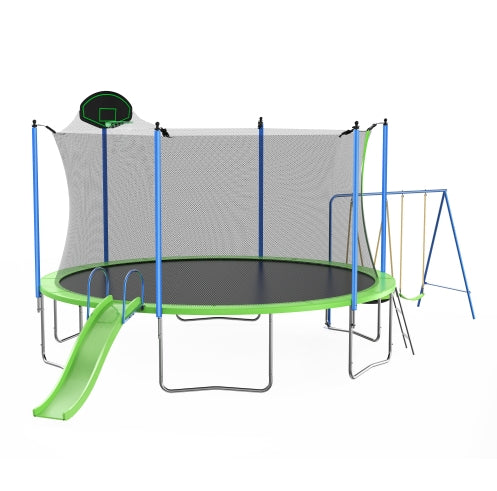 12FT Trampoline With Slide And Swings, ASTM Approved Large Recreational Trampoline With Basketball Hoop And Ladder, Outdoor Backyard Trampoline With Net, Capacity For Kids And Adults