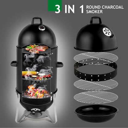 48x48x119cm Black 3-layer Oval Cylinder Smoker Iron Charcoal Grill