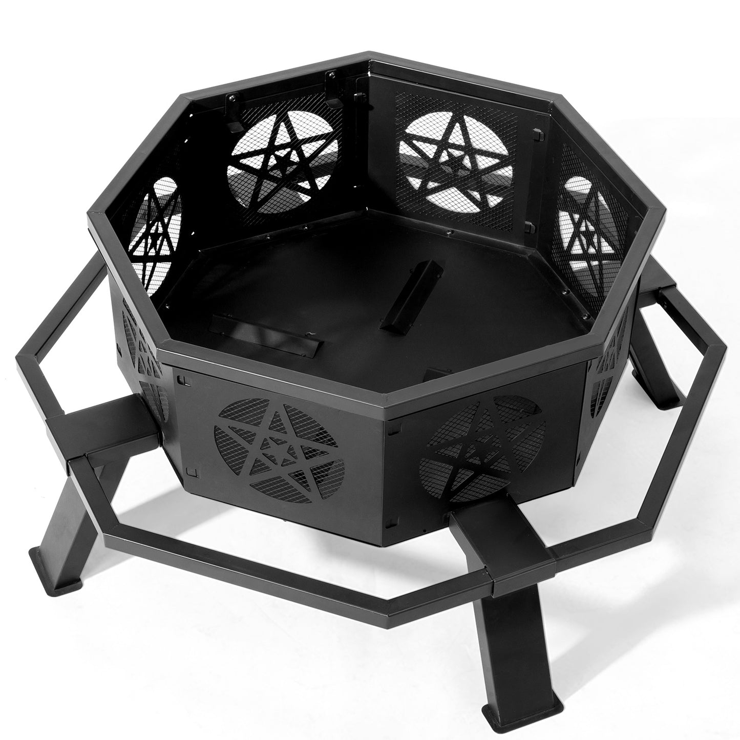 35in Octagonal Sheet With Foot Pedal Pentagram Wood Brazier Wrought Iron Black