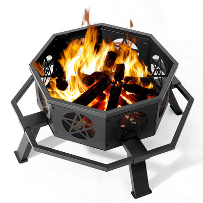 35in Octagonal Sheet With Foot Pedal Pentagram Wood Brazier Wrought Iron Black