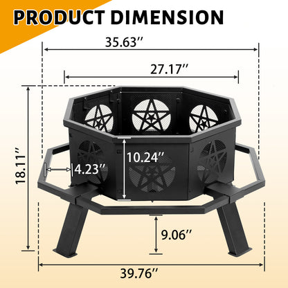 35in Octagonal Sheet With Foot Pedal Pentagram Wood Brazier Wrought Iron Black