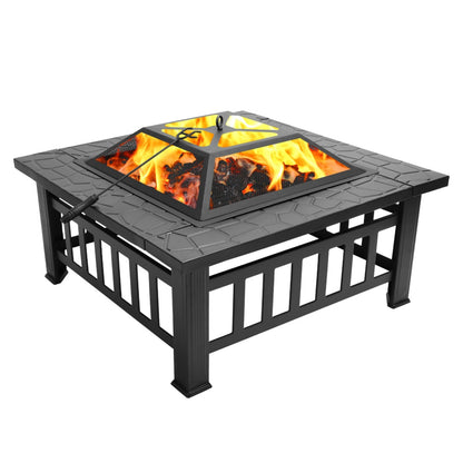 Fire Pit Table 32in Square Metal Firepit Stove Backyard Patio Garden Fireplace For Camping, Outdoor