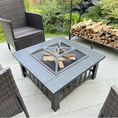 Fire Pit Table 32in Square Metal Firepit Stove Backyard Patio Garden Fireplace For Camping, Outdoor