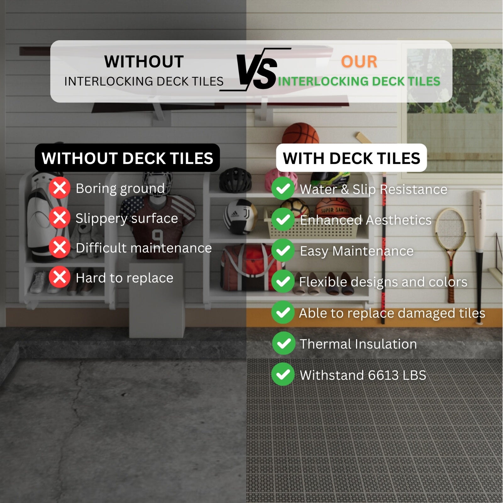 12 X 12 Inch Gray Interlocking Deck Tiles Plastic Waterproof Outdoor All Weather Anti-slip Bathroom