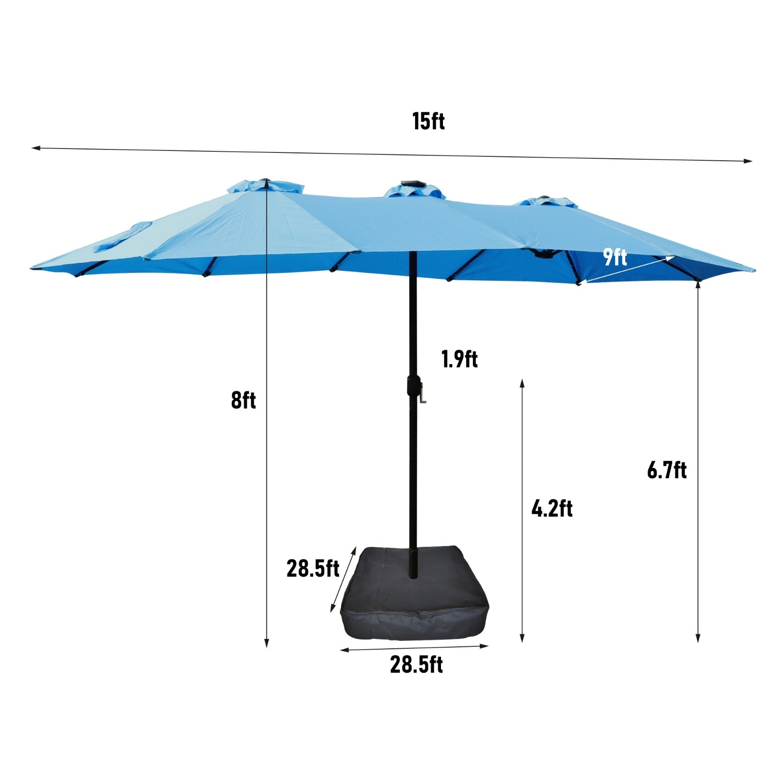 15x9ft Large Double-Sided Rectangular Outdoor Twin Patio Market Umbrella With Light And Base- Blue