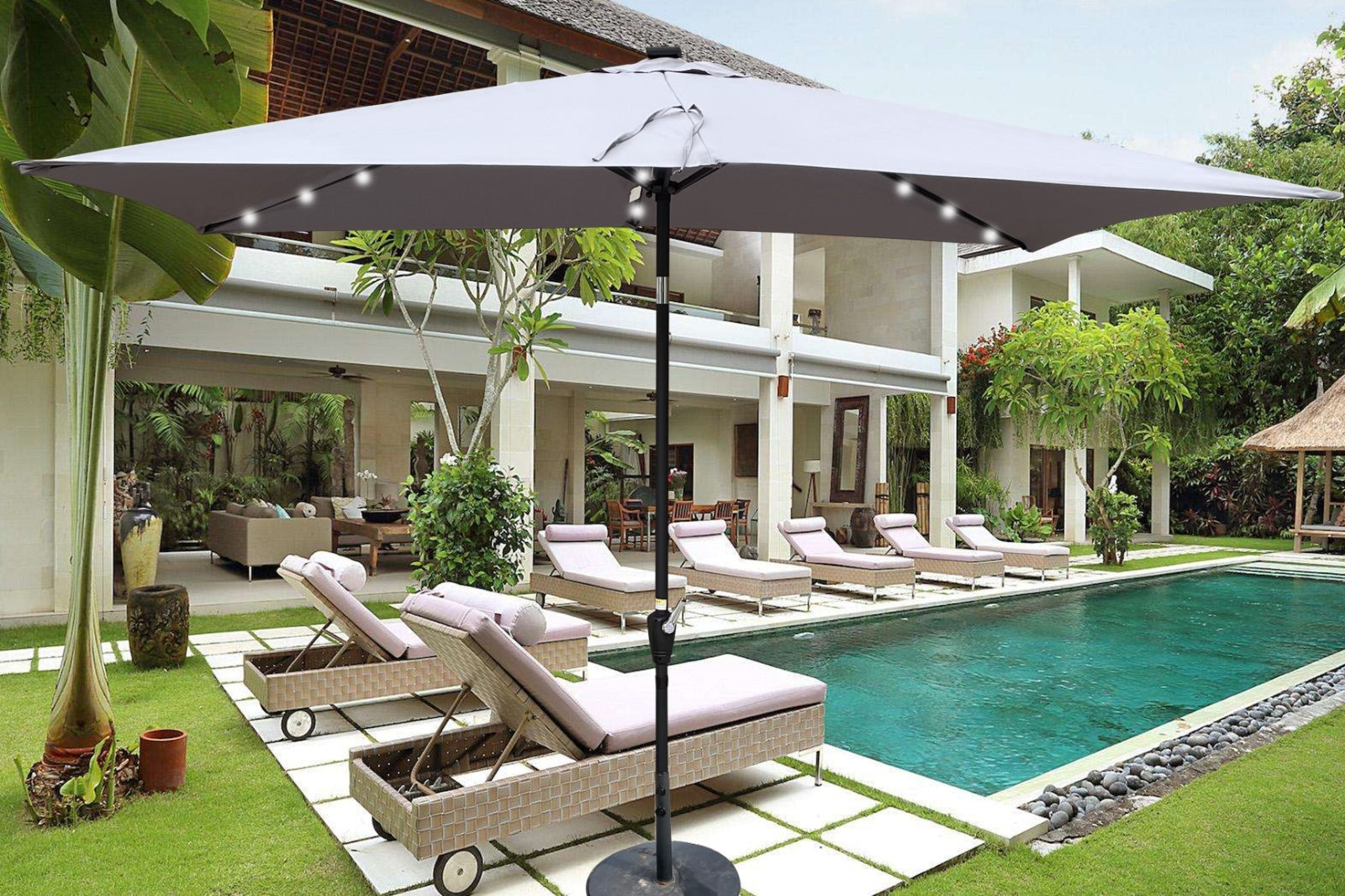 10x6.5ft Rectangular Solar LED Patio Umbrellas With Crank & Push Button Tilt