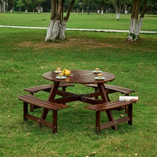 Outdoor 8 Person Picnic Table, 8 Person Round Picnic Table With 4 Built-in Benches, Umbrella Hole, Outside Table And Bench Set For Garden, Backyard, Porch, Patio, Natural