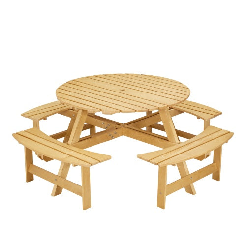 Outdoor 8 Person Picnic Table, 8 Person Round Picnic Table With 4 Built-in Benches, Umbrella Hole, Outside Table And Bench Set For Garden, Backyard, Porch, Patio, Natural