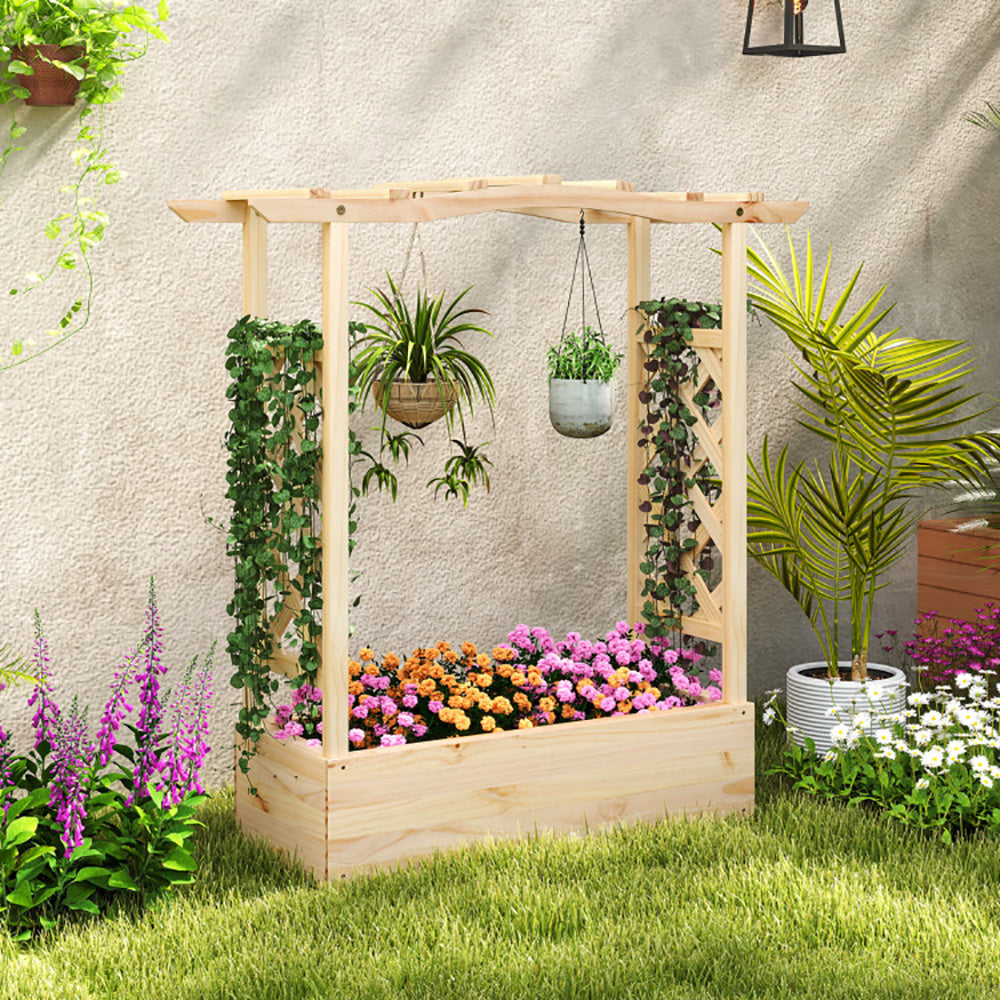 Wooden Raised Garden Bed Planter Box With Trellis And Hanging Roof - Outdoor Chilling