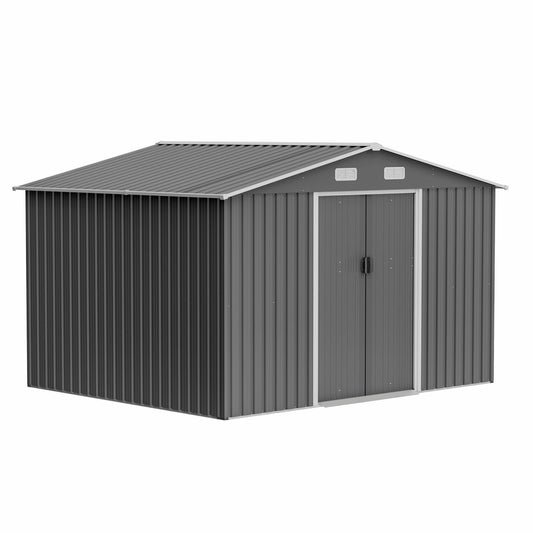 10X8 FT Outdoor Storage Shed, Metal Foundation & Lockable Doors, Tool Shed For Garden, Patio, Backyard, Lawn, Grey - Outdoor Chilling