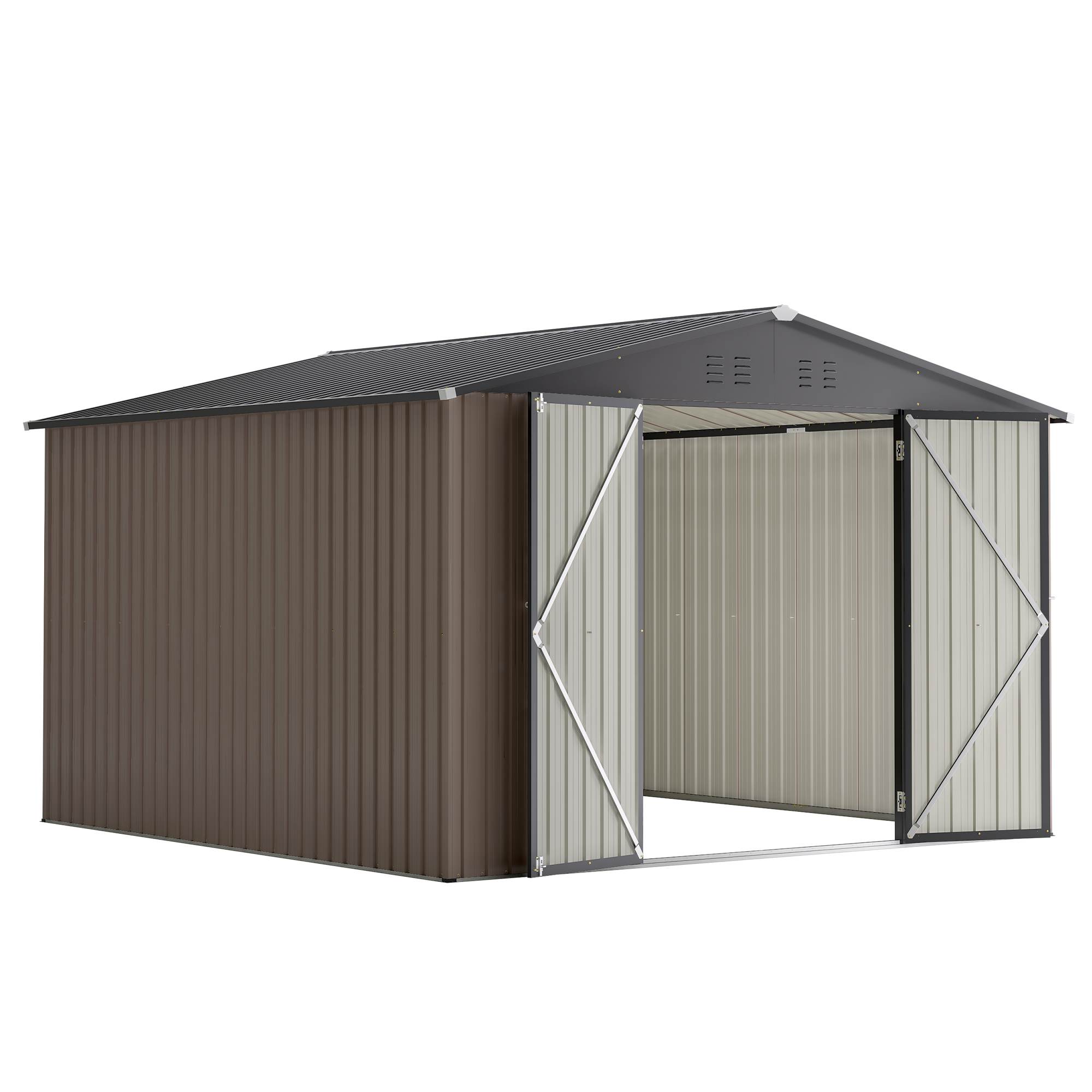 10 X 10 Ft Metal Storage Shed For Outdoor, Steel Yard Shed With Design Of Lockable Doors, Utility And Tool Storage For Garden, Backyard, Patio, Outside Use Brown