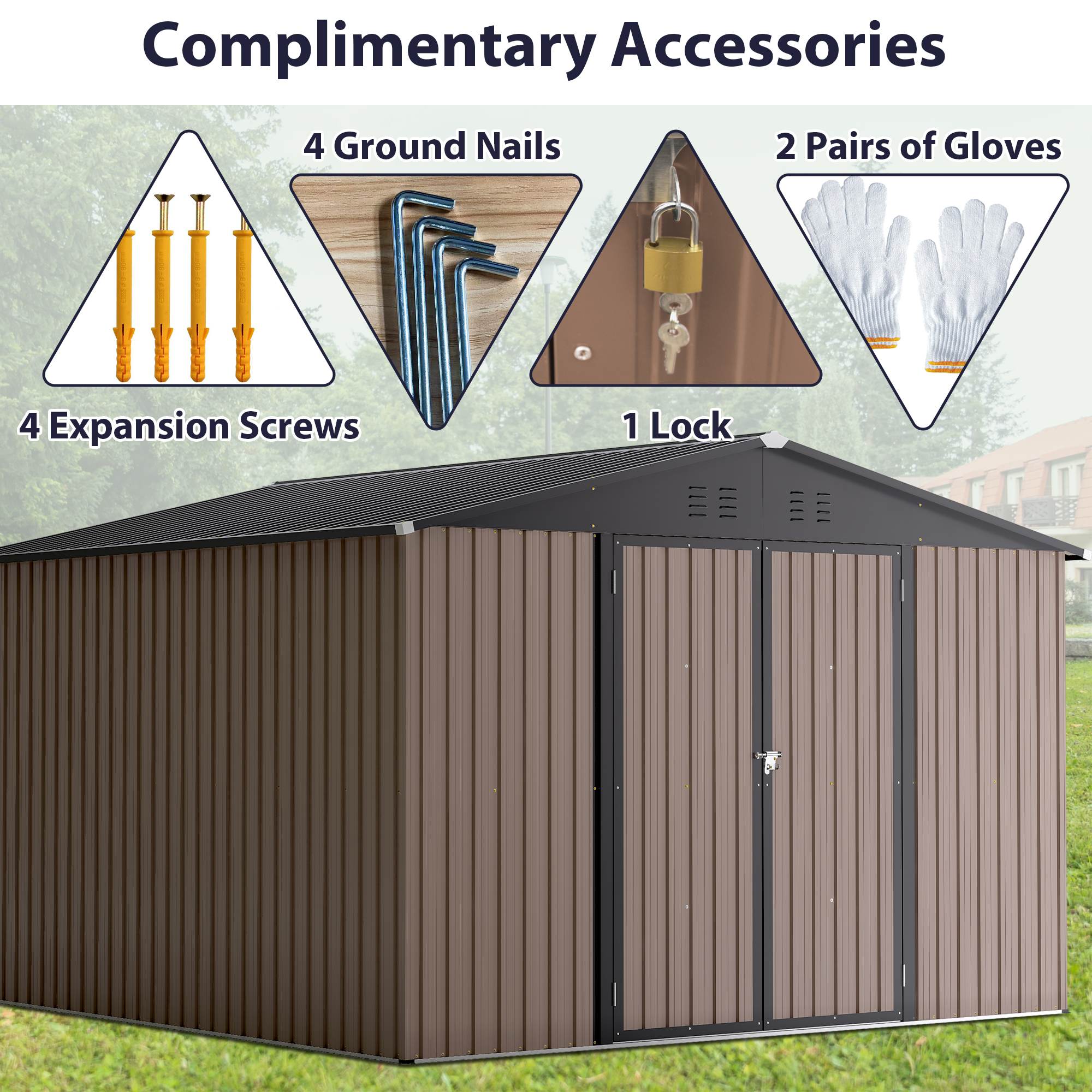 10 X 10 Ft Metal Storage Shed For Outdoor, Steel Yard Shed With Design Of Lockable Doors, Utility And Tool Storage For Garden, Backyard, Patio, Outside Use Brown