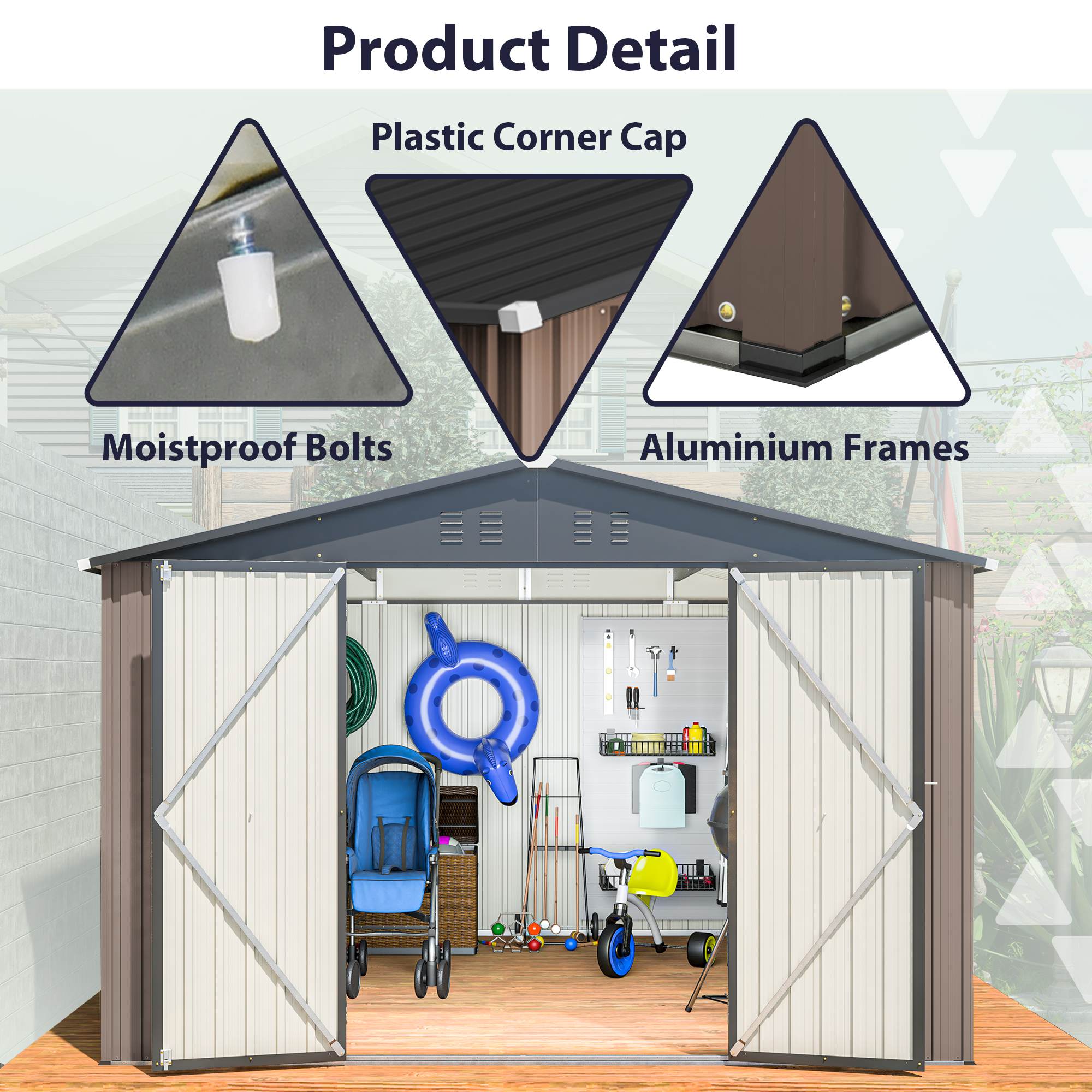 10 X 10 Ft Metal Storage Shed For Outdoor, Steel Yard Shed With Design Of Lockable Doors, Utility And Tool Storage For Garden, Backyard, Patio, Outside Use Brown