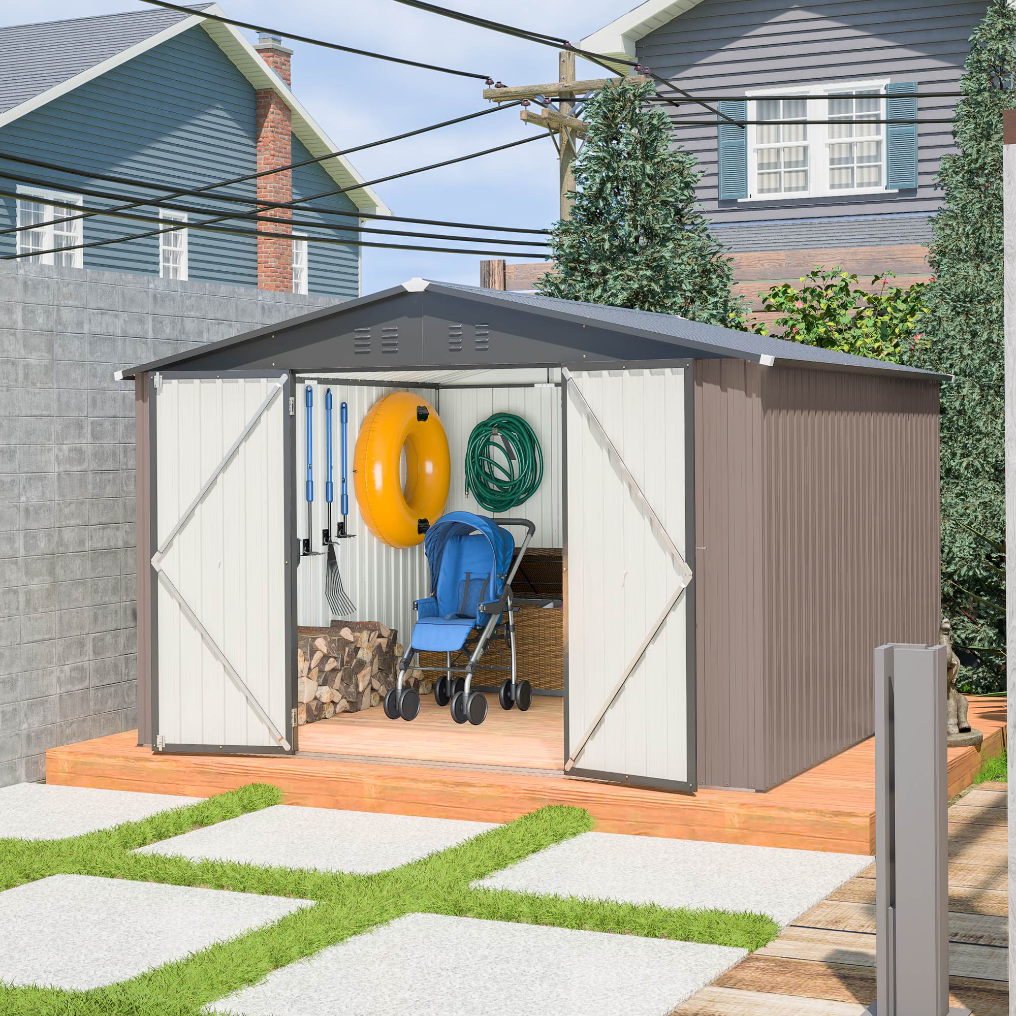 10 X 10 Ft Metal Storage Shed For Outdoor, Steel Yard Shed With Design Of Lockable Doors, Utility And Tool Storage For Garden, Backyard, Patio, Outside Use Brown