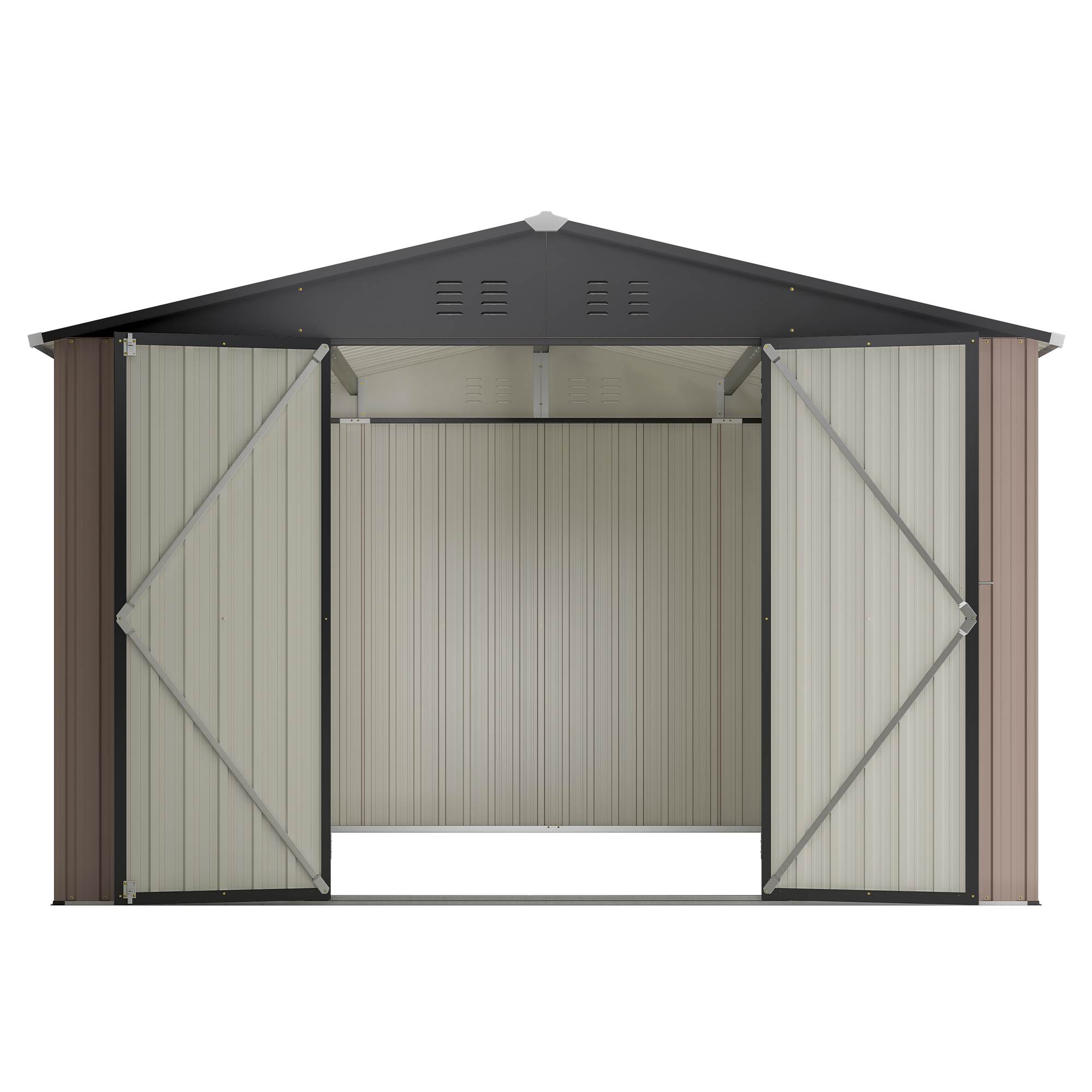 10 X 10 Ft Metal Storage Shed For Outdoor, Steel Yard Shed With Design Of Lockable Doors, Utility And Tool Storage For Garden, Backyard, Patio, Outside Use Brown
