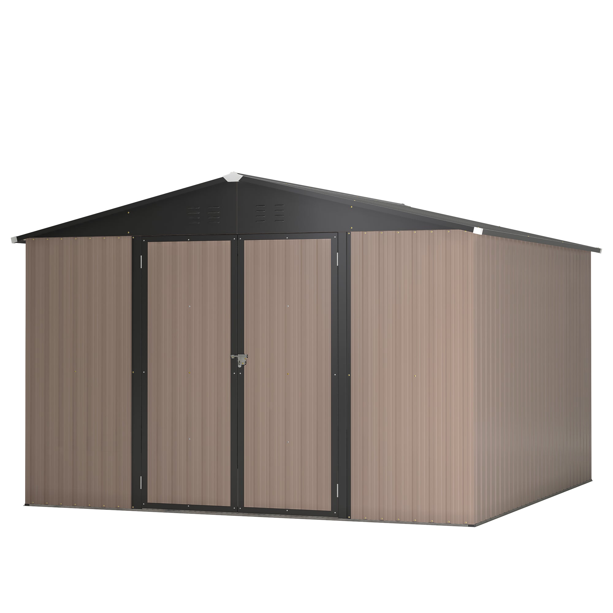 10 X 10 Ft Metal Storage Shed For Outdoor, Steel Yard Shed With Design Of Lockable Doors, Utility And Tool Storage For Garden, Backyard, Patio, Outside Use Brown