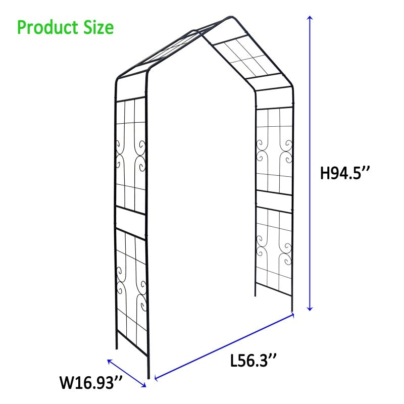 Metal Garden Arch, 56.3 Inches Long X 16.93 Inches Wide X 94.5 Inches High, Climbing Plant Support, Rose Arch, Outdoor Black, Fenced Platform.