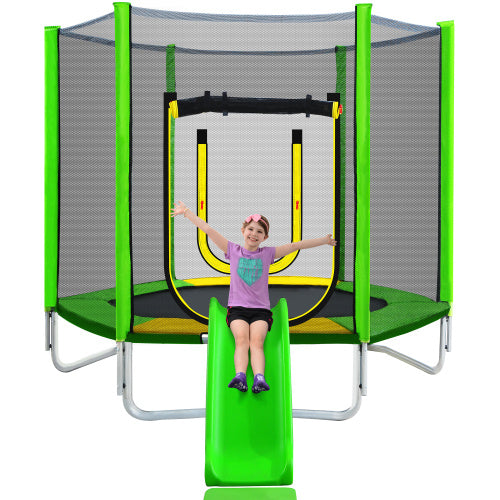7FT Trampoline For Kids With Safety Enclosure Net, Slide And Ladder, Easy Assembly Round Outdoor Recreational Trampoline - Outdoor Chilling