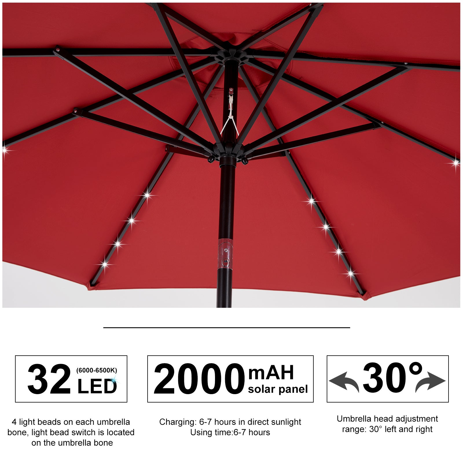 10ft Solar Polyester 32 LED Lighted Patio Umbrella With Tilt Adjustment And UV-Resistant Fabric