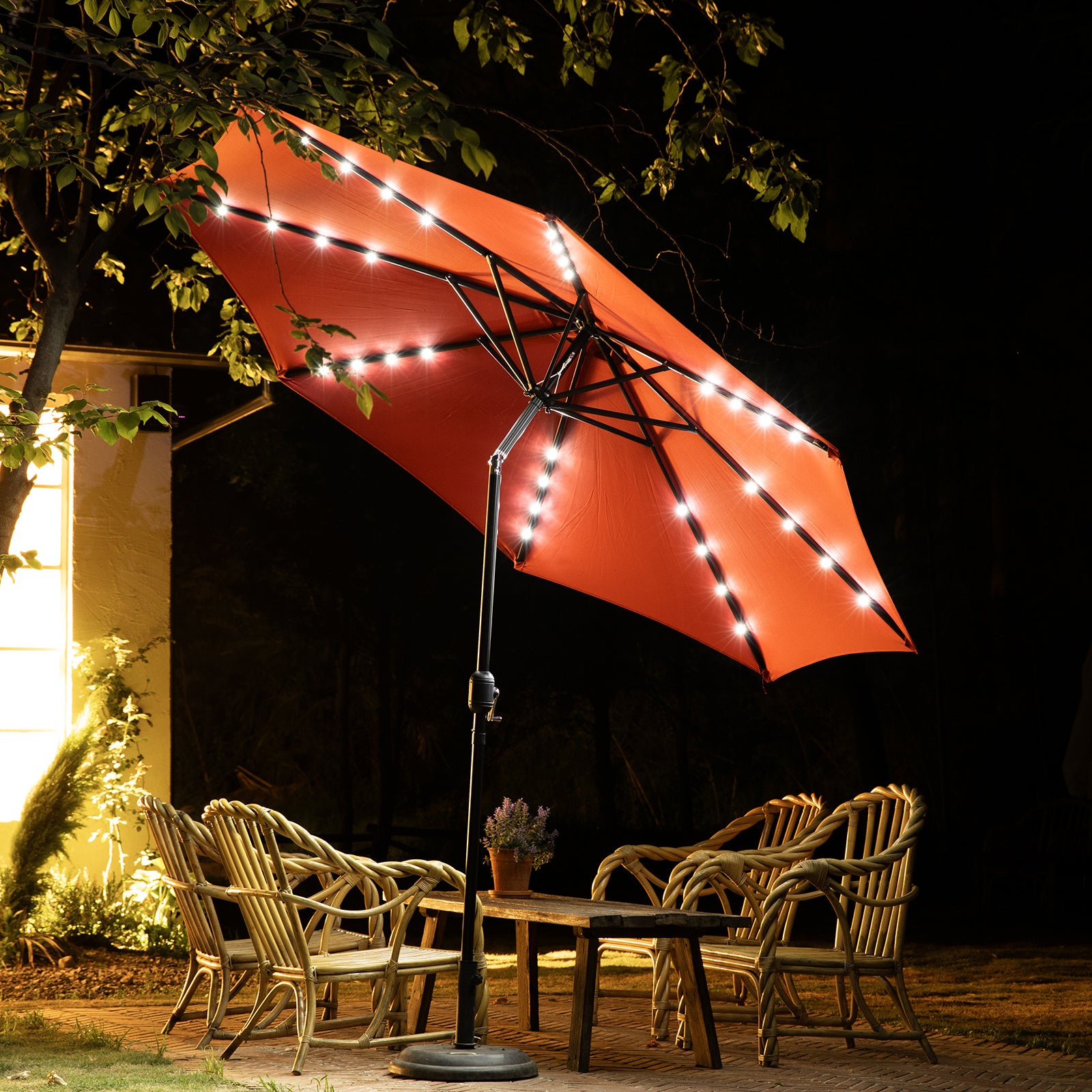 10ft Solar Polyester 32 LED Lighted Patio Umbrella With Tilt Adjustment And UV-Resistant Fabric