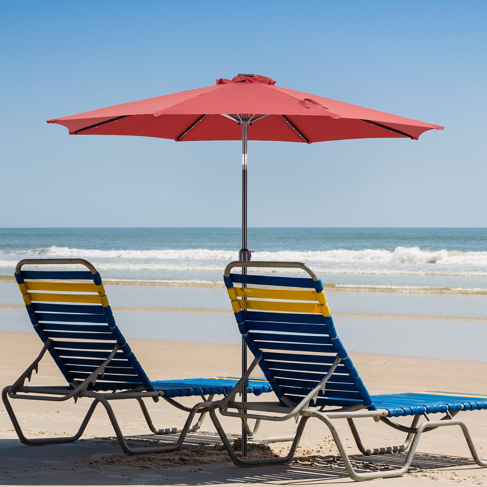 10ft Solar Polyester 32 LED Lighted Patio Umbrella With Tilt Adjustment And UV-Resistant Fabric