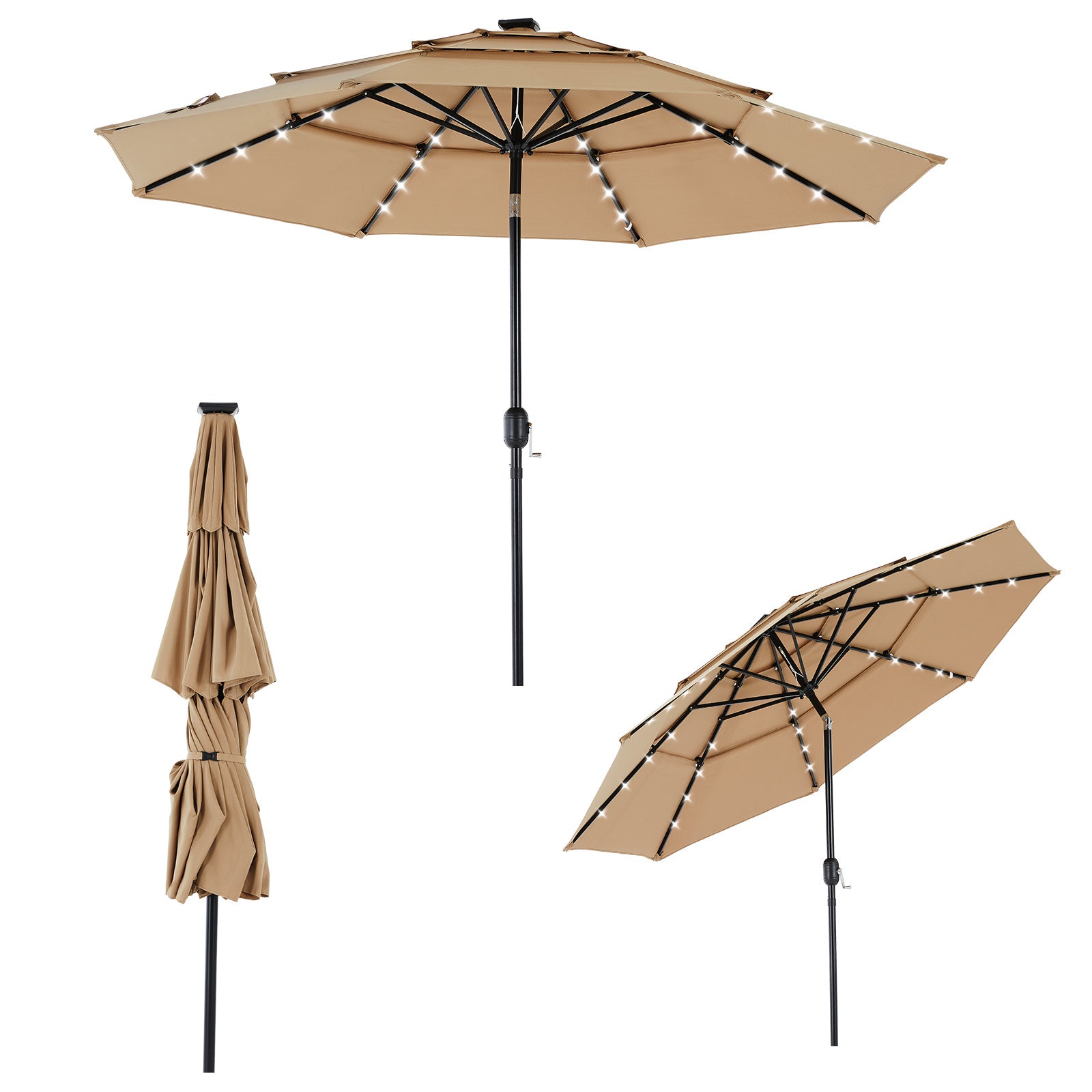 10FT 3-Tier Solar Patio Umbrella With 32 LED Lights, Outdoor Umbrellas With Push Button Tilt And Crank - Outdoor Chilling