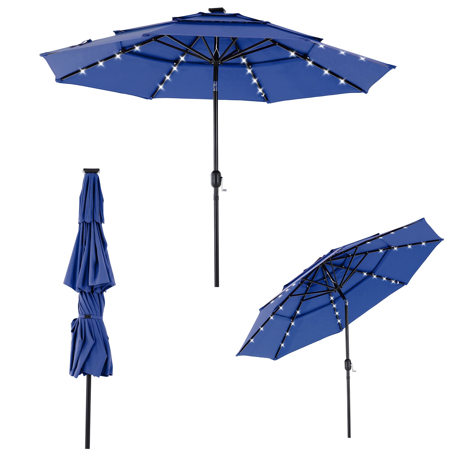 10FT 3-Tier Solar Patio Umbrella With 32 LED Lights, Outdoor Umbrellas With Push Button Tilt And Crank