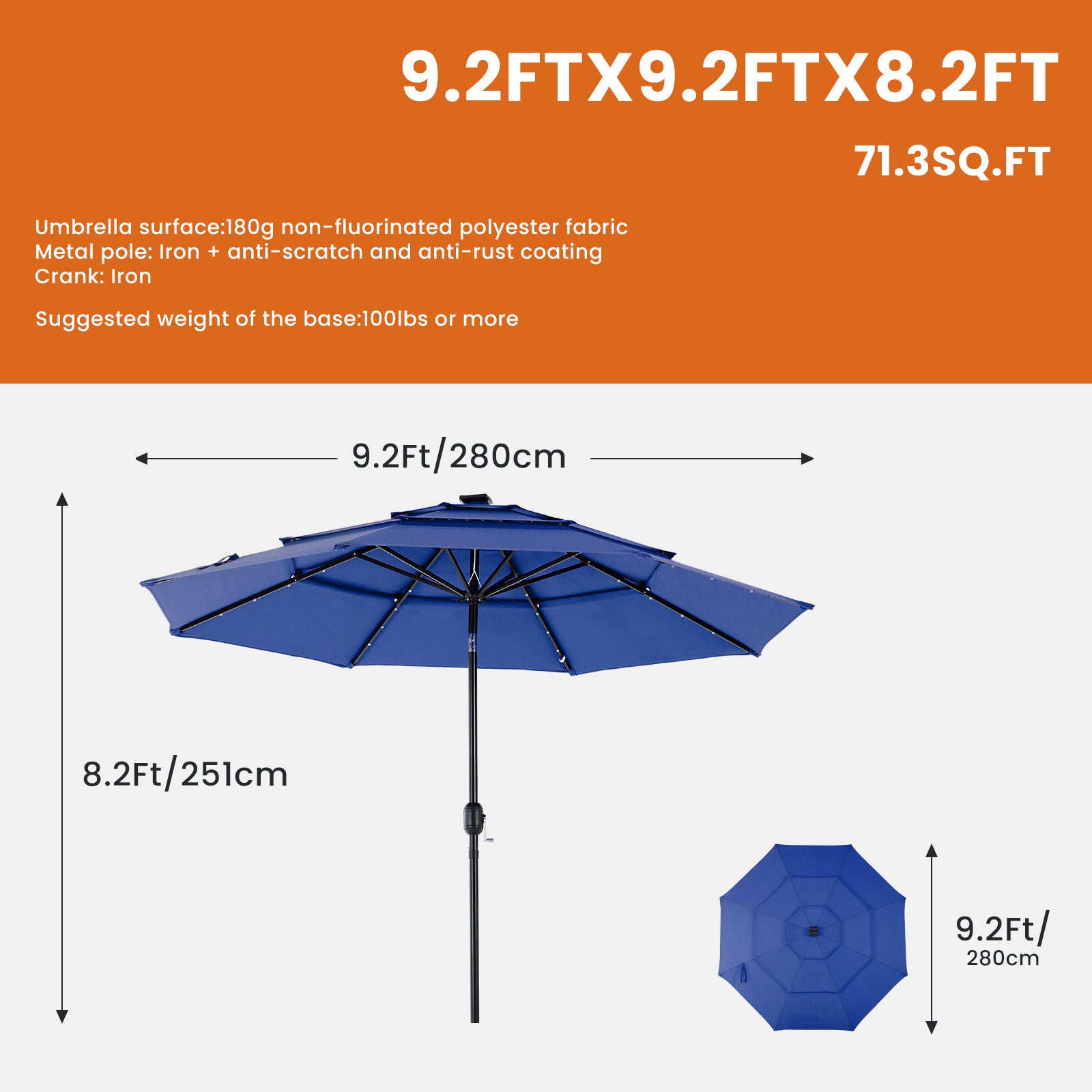 10FT 3-Tier Solar Patio Umbrella With 32 LED Lights, Outdoor Umbrellas With Push Button Tilt And Crank