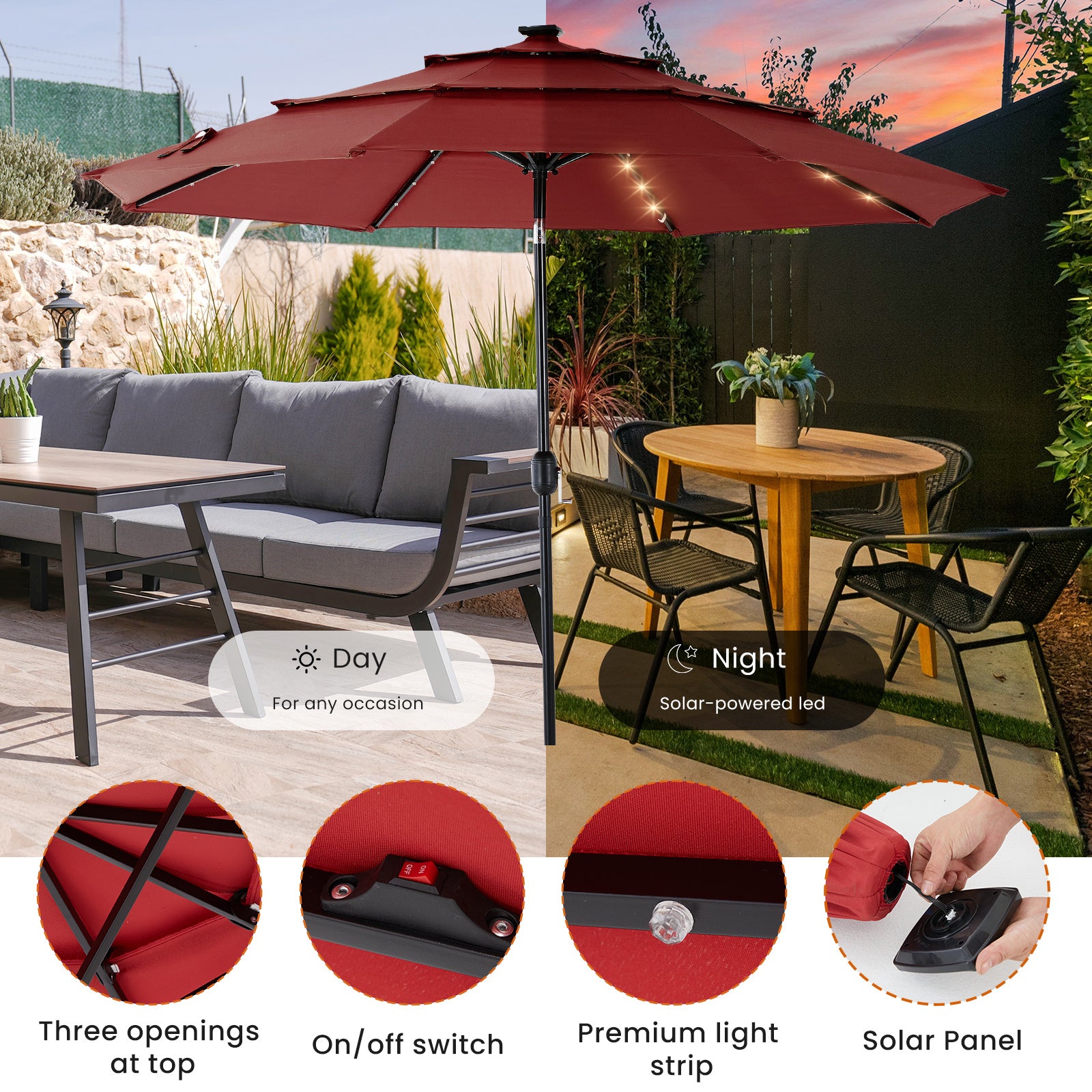 10FT 3-Tier Solar Patio Umbrella With 32 LED Lights, Outdoor Umbrellas With Push Button Tilt And Crank