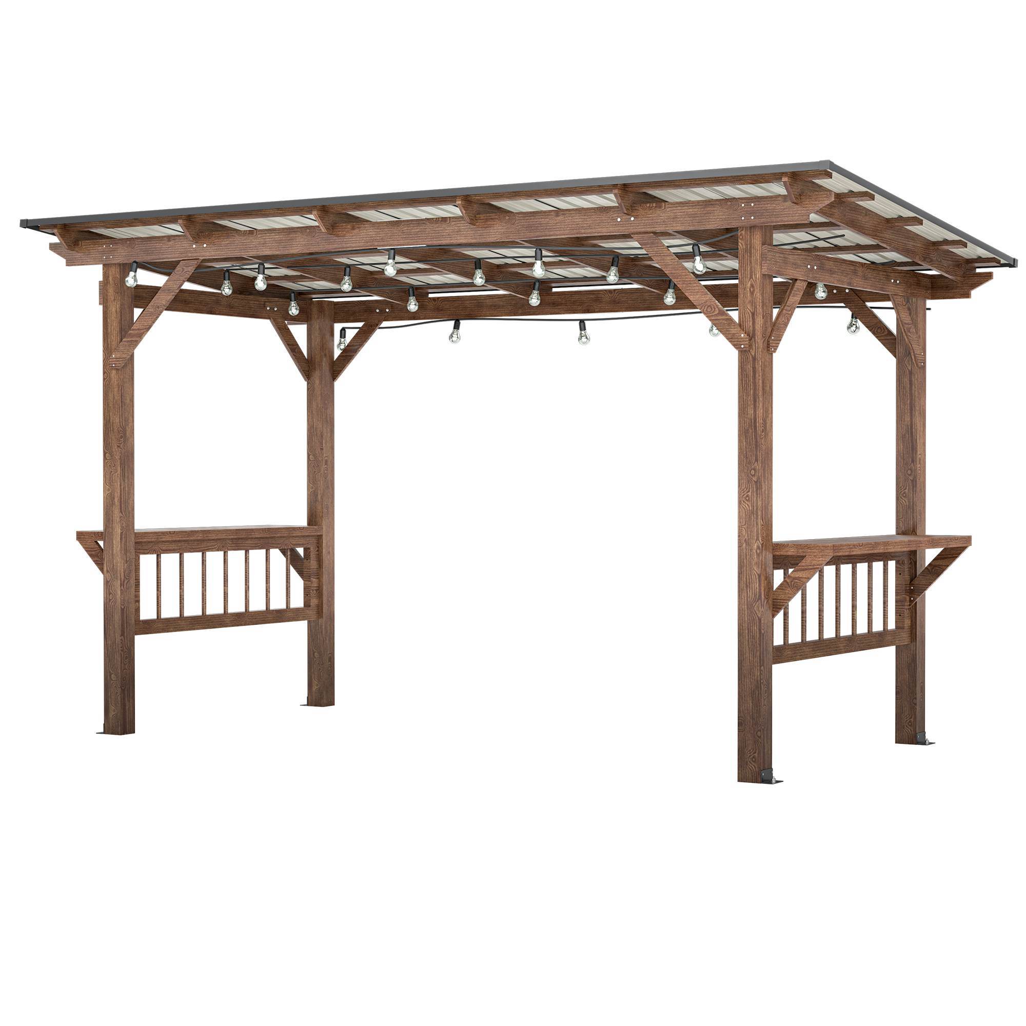 13X 6.5 Ft Wooden Pergola Grill Gazebo With Metal Roof & Bulbs & Bar Counters