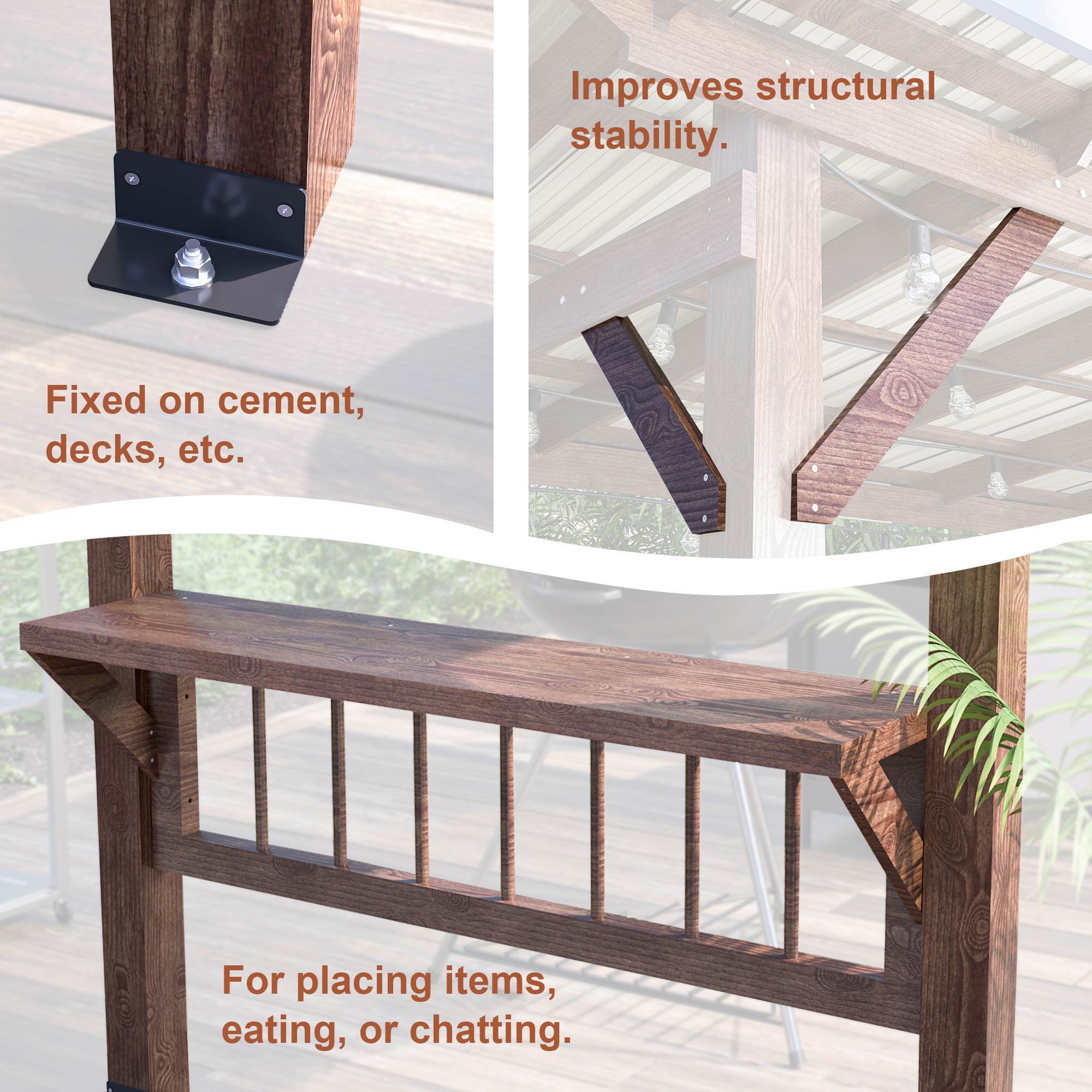 13X 6.5 Ft Wooden Pergola Grill Gazebo With Metal Roof & Bulbs & Bar Counters