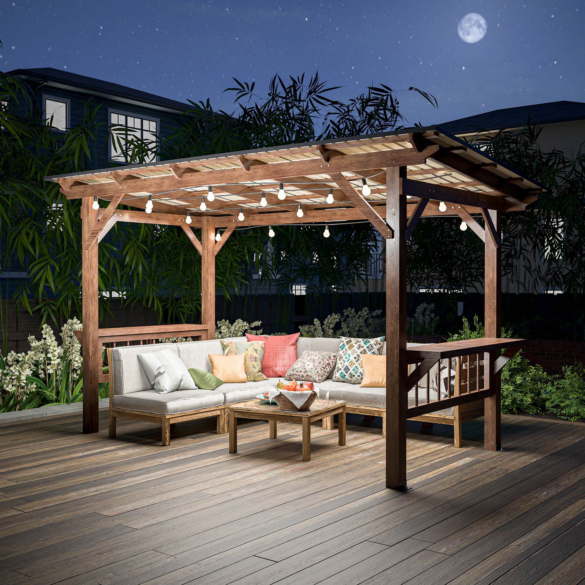 13X 6.5 Ft Wooden Pergola Grill Gazebo With Metal Roof & Bulbs & Bar Counters