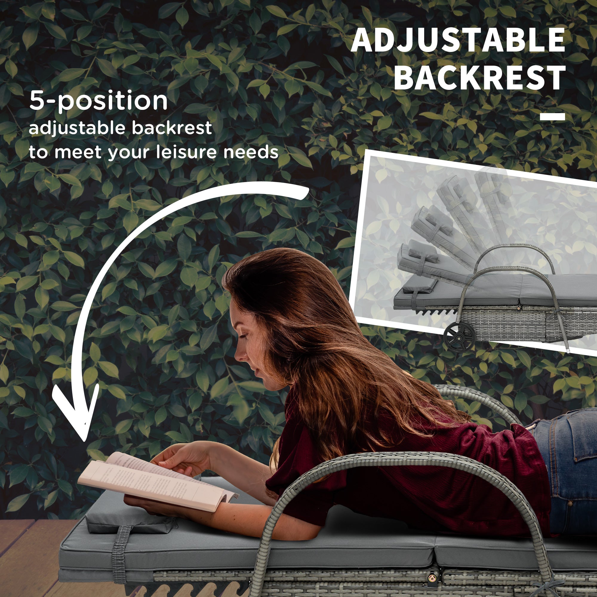 2 Reclining Chaise Lounge Chairs, Rolling Outdoor Chairs With Cushion, Pillow, Headrest, Armrests, And Wheels, Gray