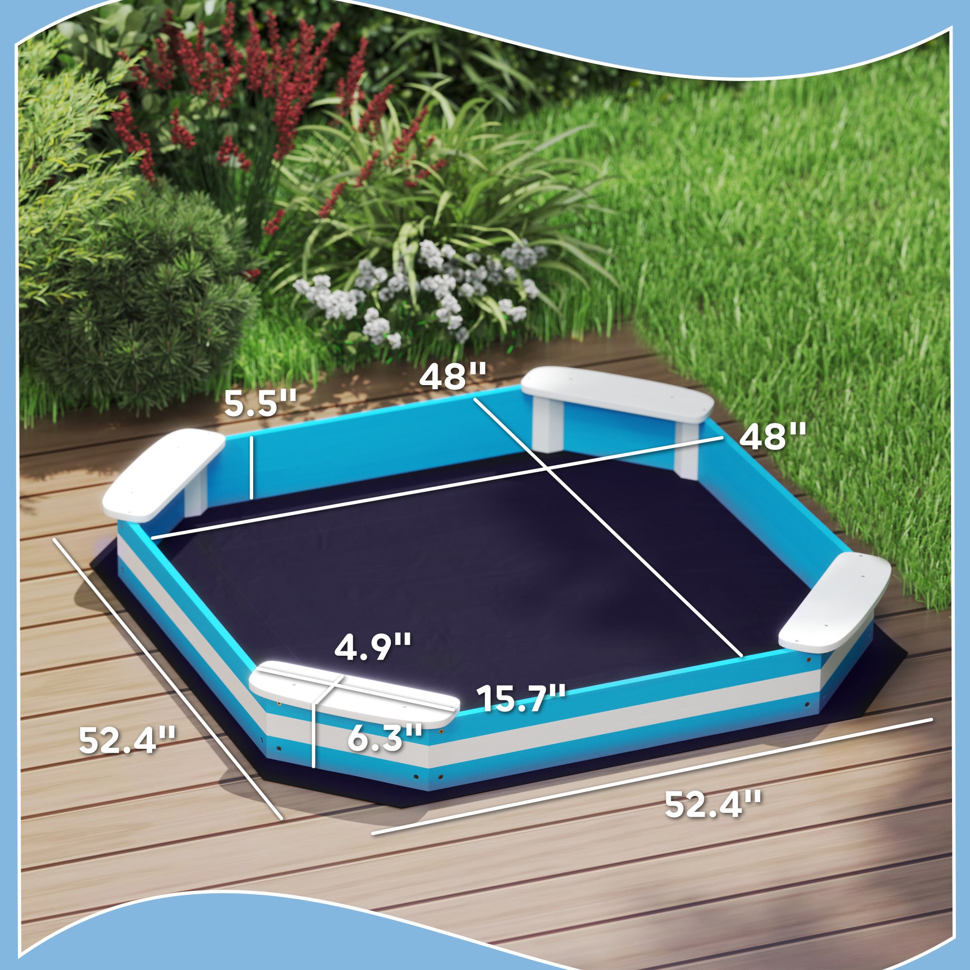 Kids Sandbox With 4 Corner Seats, Bottom Liner For Backyard, Garden, Outdoor, 52 X 52 X 6, Blue