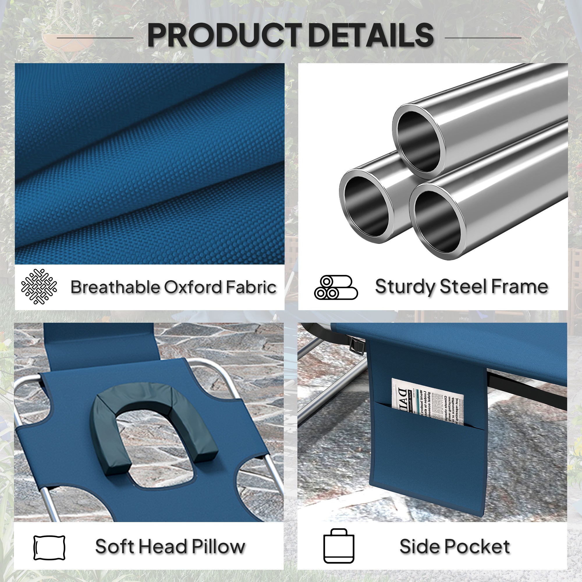 Folding Outdoor Chaise Lounge Sun Tanning Chair With Face Cavity, Pillow, 5-level Adjustable For Beach, Pool, Dark Blue