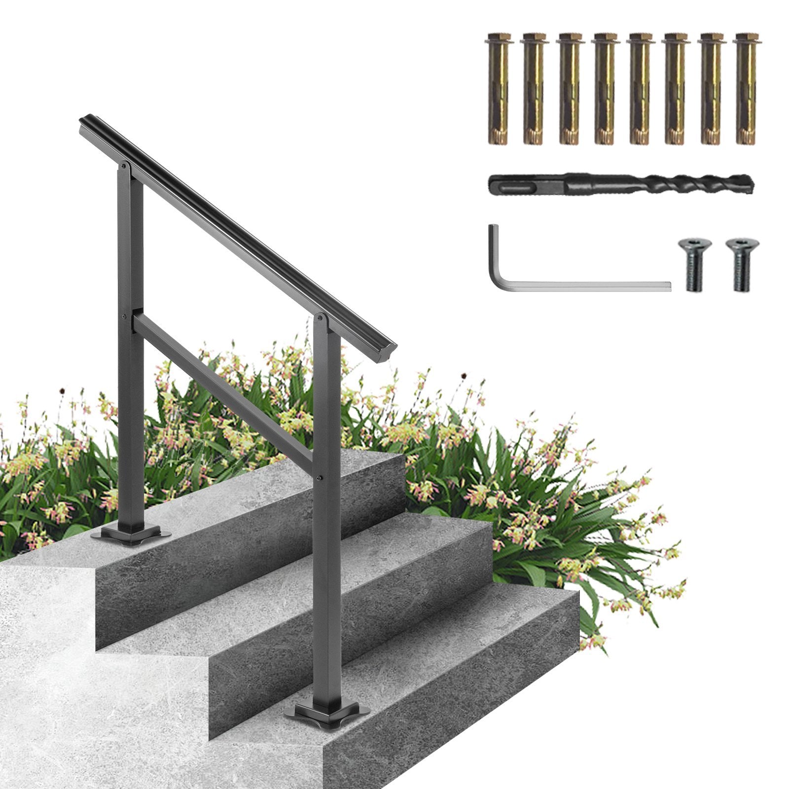 VEVOR Outdoor Handrail 165LBS Load Handrail Outdoor Stairs Aluminum Stair Handrail Outdoor Stair Railing Transitional Range From Staircase Handrail Fits 2-3 Steps With Screw Kit