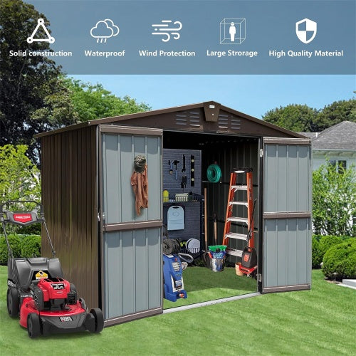 Outdoor Storage Shed 8.2' X 6.2', Metal Steel Utility Tool Shed Storage House With Double Lockable Doors &Air Vents For Backyard Patio Garden Lawn Brown