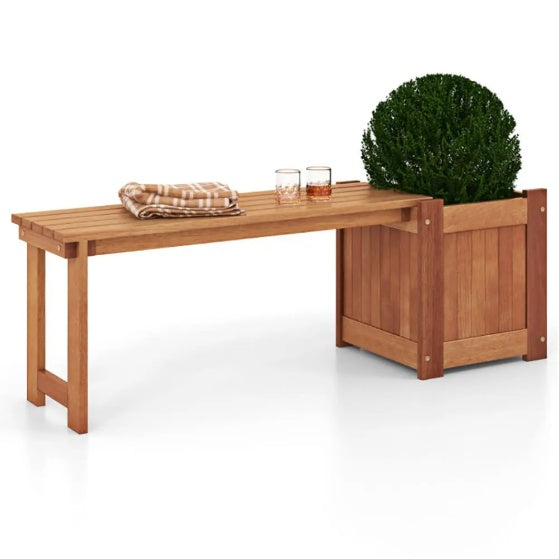 Teak Oil Finish Raised Garden Bed Wood Planter Box With Bench