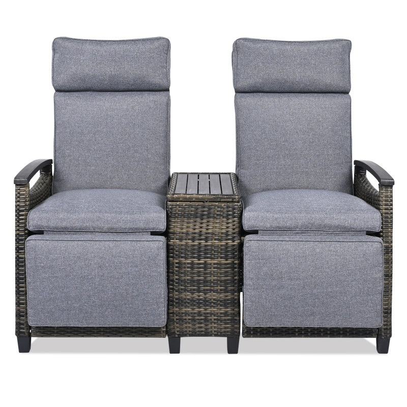 Terrace Lounge Chair Double Sofa, Adjustable Backrest Willow Outdoor Leisure Chair Set, Equipped With Acacia Wood Armrests And Built-in Storage Table, Gray.