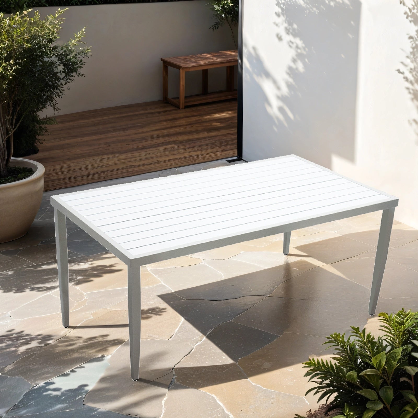 Outdoor Patio Aluminum 40x70 Two-tone Table Top Rectangle Dining Table With Tapered Feet  Umbrell