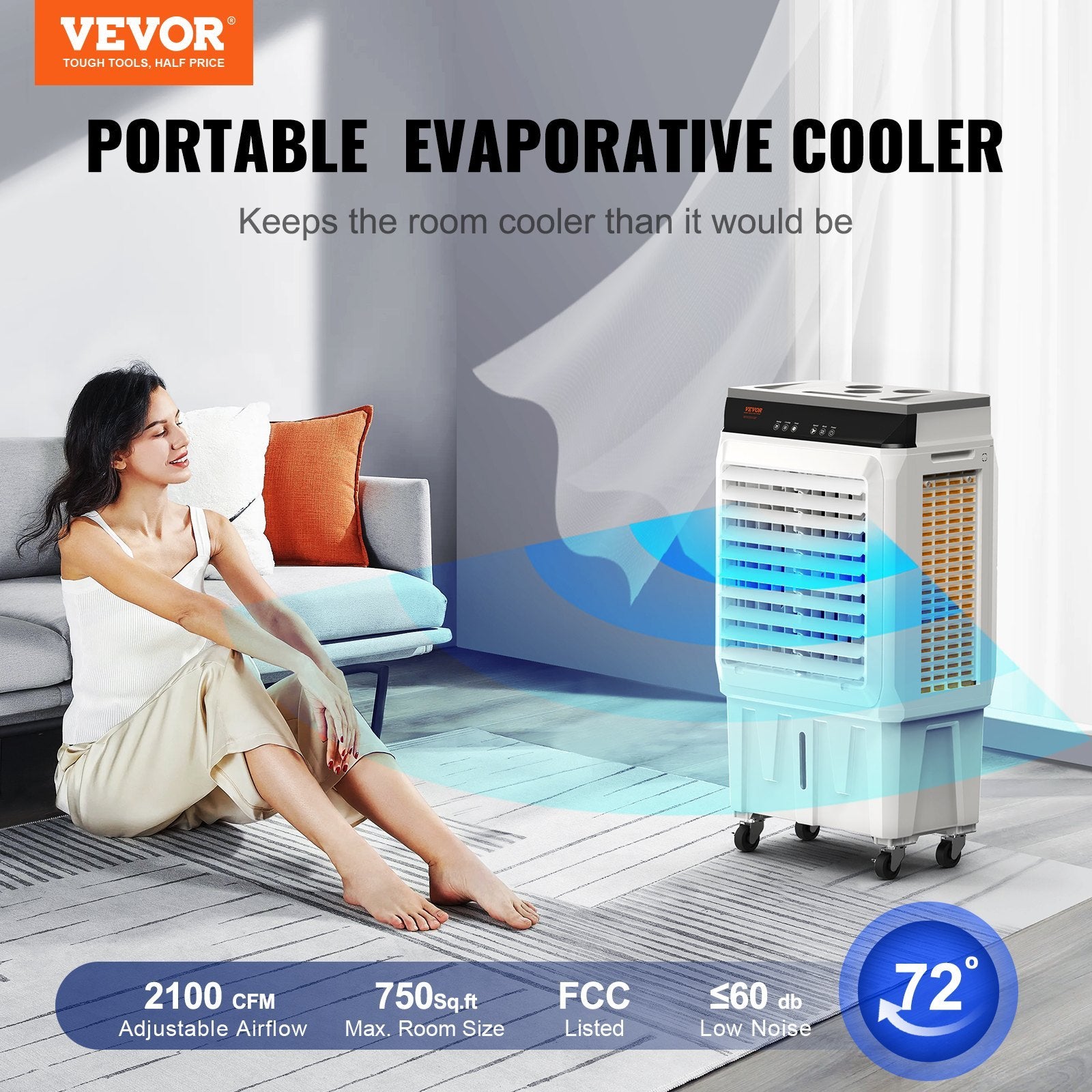 VEVOR Evaporative Air Cooler, 2100 CFM, Oscillating Swamp Cooler With Adjustable 3 Speeds And 12 H Timer, 7 Gal Portable Air Cooler For 750 Sq.ft, Indoor Outdoor Use - Outdoor Chilling