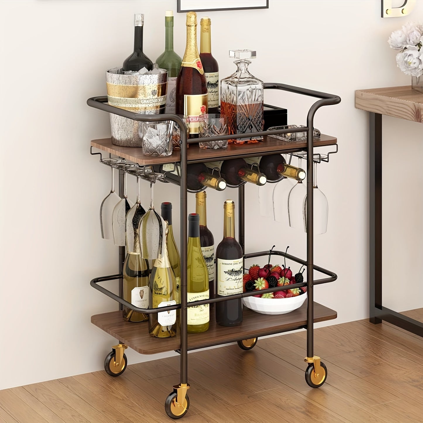 2 Tier Bar Cart With Wheels, Serving Cart With Wheels And 2 Handles, Home Outdoor Bar Cart With Wine Rack And Glass Holder, Kitchen Serving Cart For Home, Restaurant, Party, Black