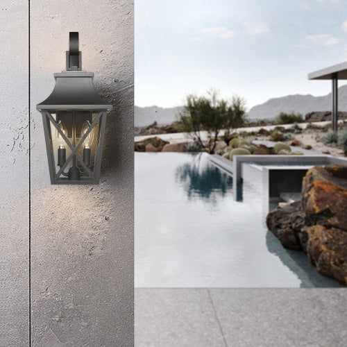 Black Outdoor Wall Light 2 Lights, Large Outdoor Modern Wall Light Fixtures, Industrial Porch Light Wall Mounted With Glass, Waterproof Farmhouse Exterior Light Lighting