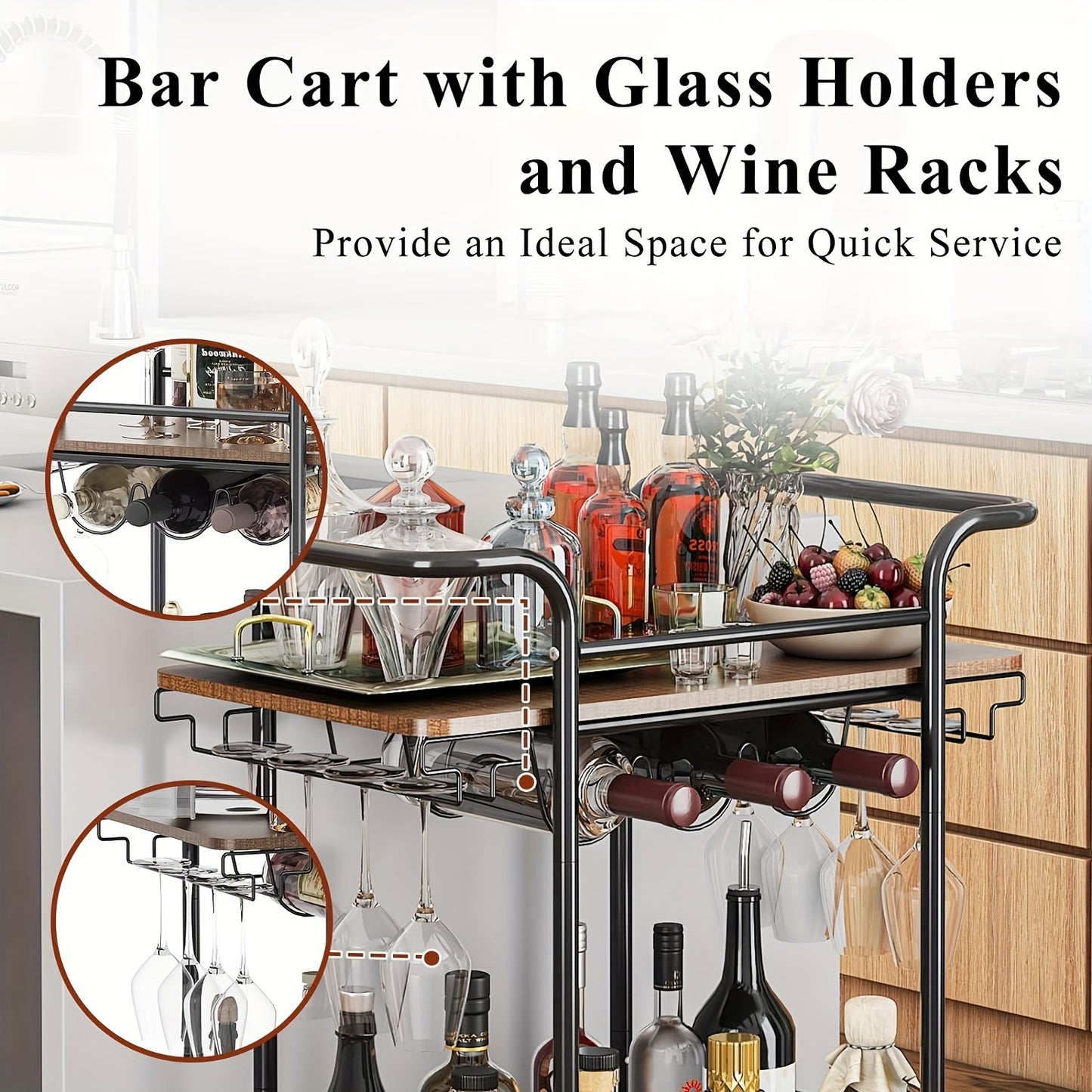 2 Tier Bar Cart With Wheels, Serving Cart With Wheels And 2 Handles, Home Outdoor Bar Cart With Wine Rack And Glass Holder, Kitchen Serving Cart For Home, Restaurant, Party, Black