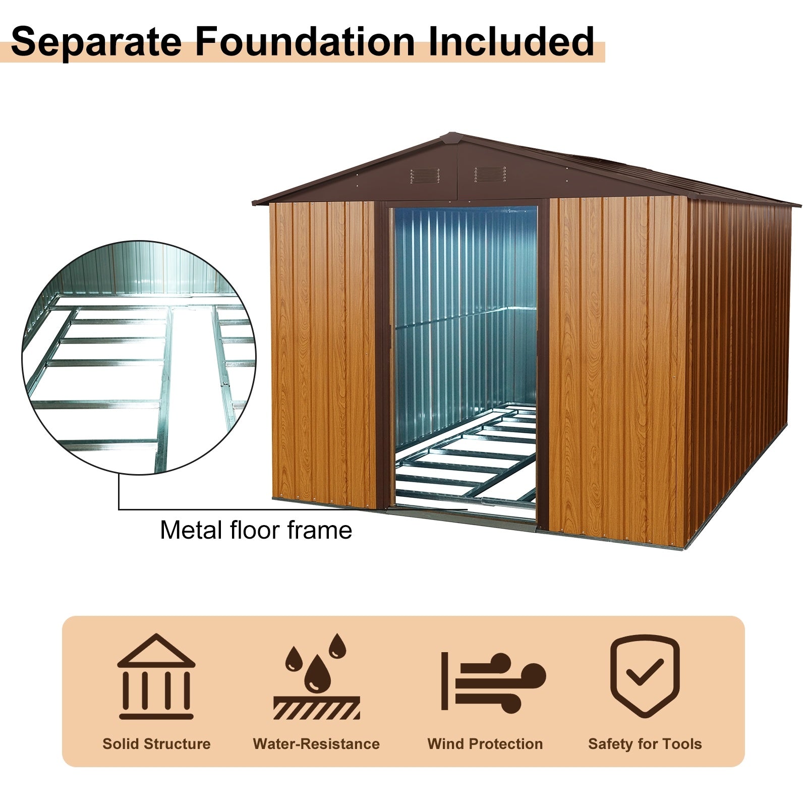 10ft X 8ft Outdoor Metal Storage Shed With Metal Floor Base, Coffee