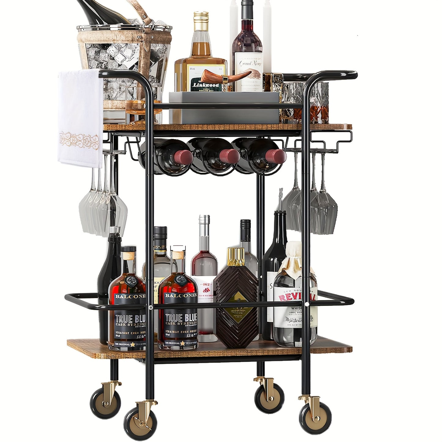 2 Tier Bar Cart With Wheels, Serving Cart With Wheels And 2 Handles, Home Outdoor Bar Cart With Wine Rack And Glass Holder, Kitchen Serving Cart For Home, Restaurant, Party, Black