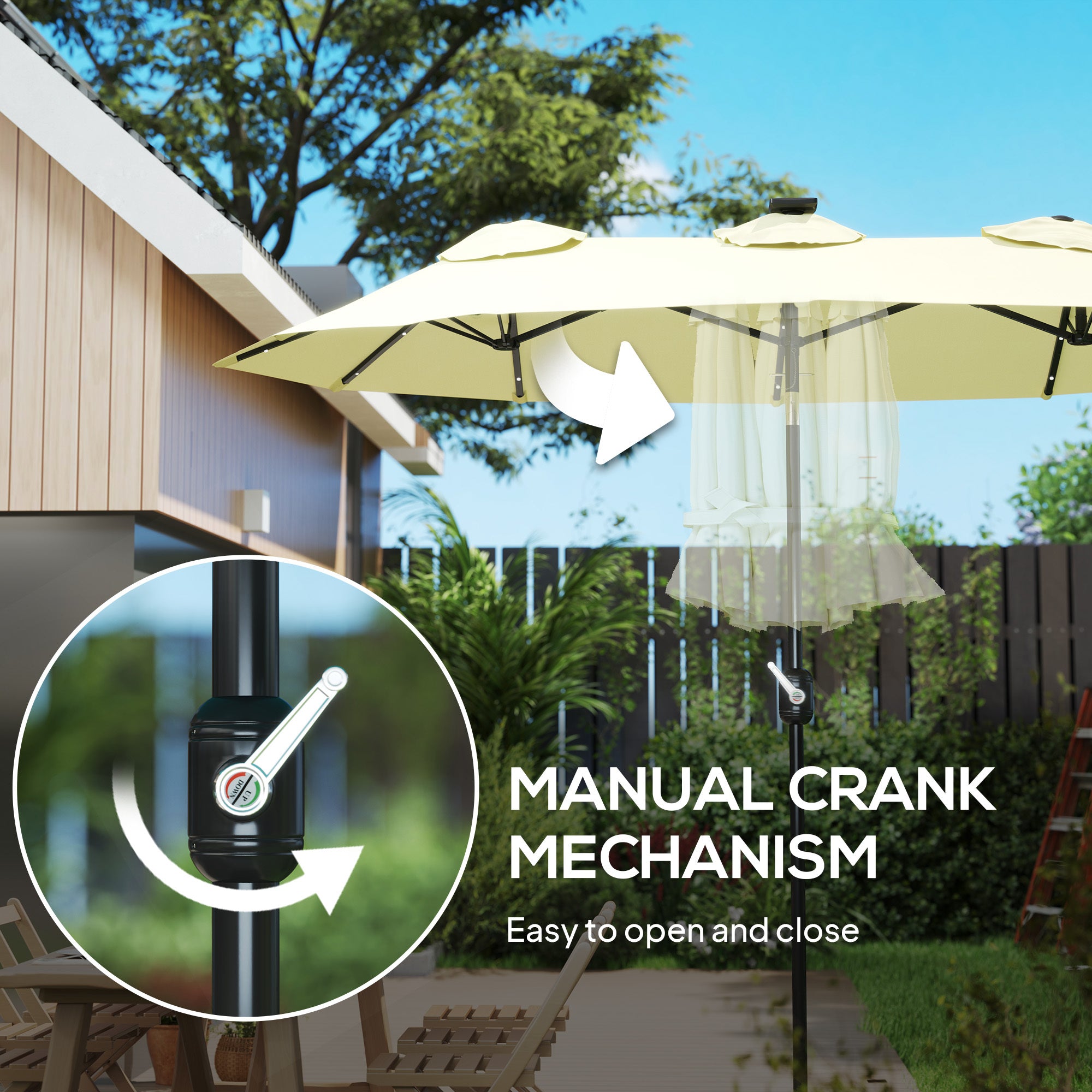Double-sided Patio Umbrella, 9.7 Outdoor Umbrella With Tilt And Crank, LED Solar Light And 12 Ribs, Cream White